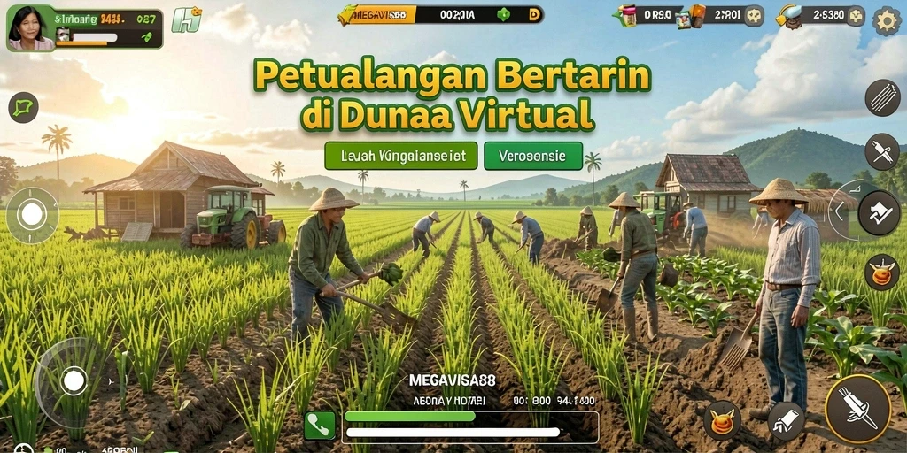 Tangkapan layar gameplay MEGAVISA88 dengan pemandangan pertanian yang hijau.