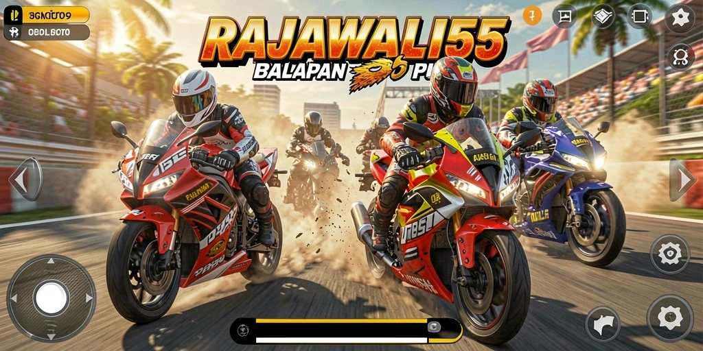 Screenshot RAJAWALI55 menampilkan aksi kecepatan balapan motor yang mendebarkan.